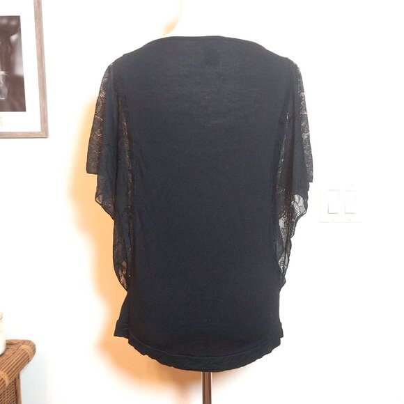 CAROLE LITTLE SIZE L BLACK SCOOP NECK LACE CASCADE SLEEVE TOP - Picture 7 of 10